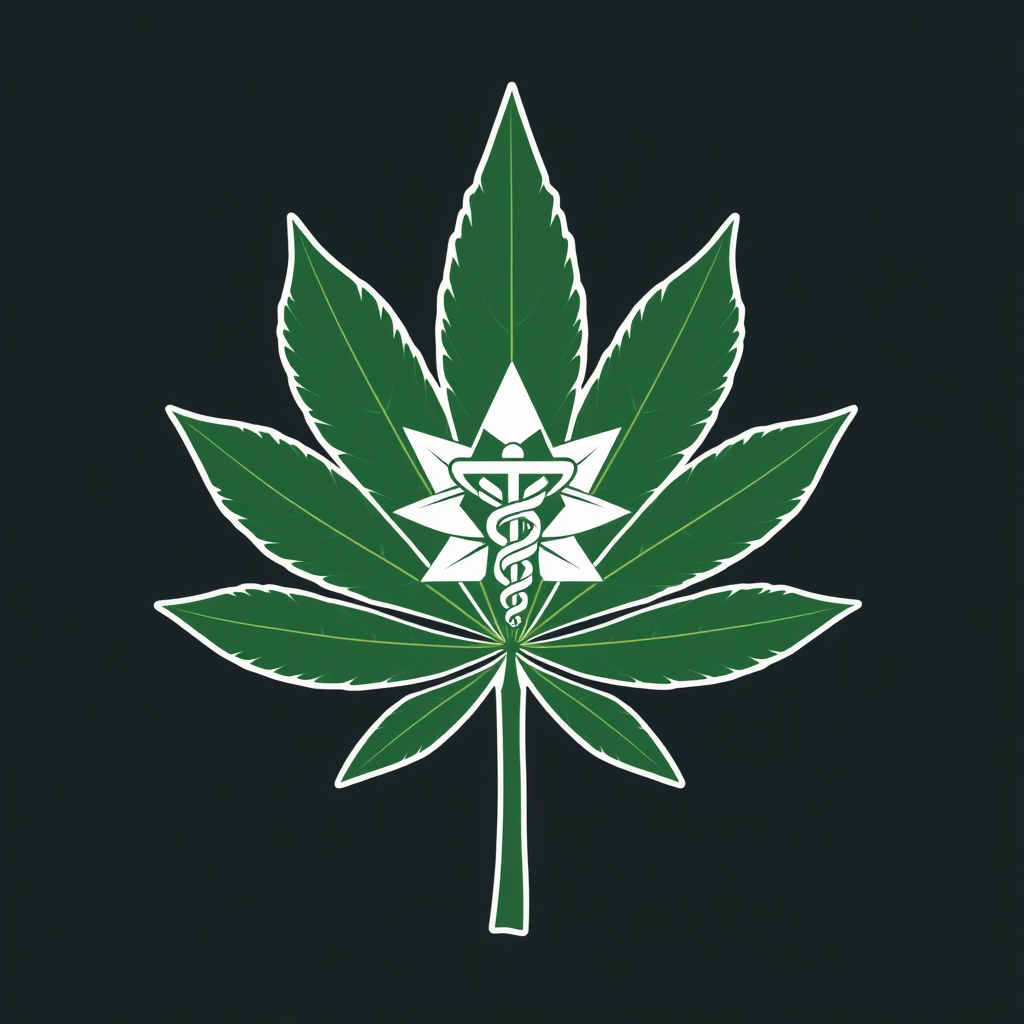 Layered geometric symbols: A primary, bold geometric cannabis leaf with a smaller, line-art or minimally-filled geometric caduceus overlaid or subtly integrated within its structure or negative space.