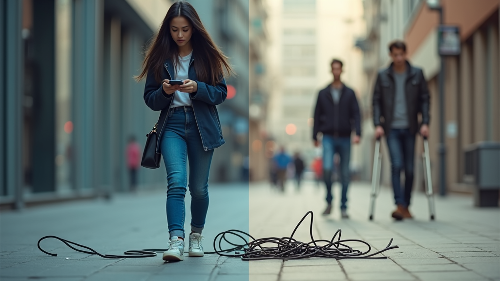 Sub-Design 4: Cause & Effect - Split design showing a cause on one side (e.g., someone texting while walking near a cord, a spill ignored) and the potential effect on the other (a falling silhouette, a person on crutches). Emphasize awareness and immediate action.