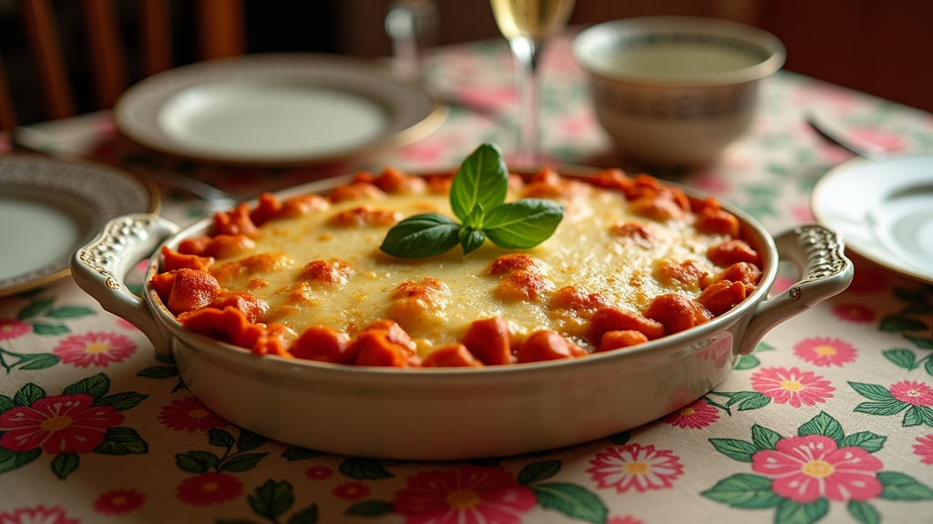 An image of baked ziti as the pièce de résistance on a dinner table setting draped with a floral tablecloth, surrounded by family heirloom dinnerware.