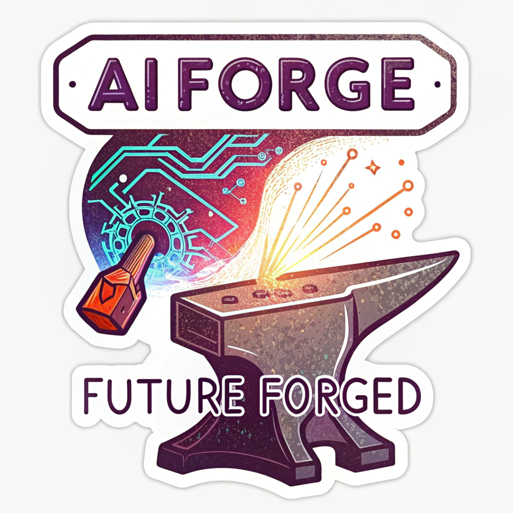 Sticker Design 1: The 'AI Forge' - A futuristic anvil, glowing with circuit patterns, from which a vibrant, abstract digital shape (representing art) is emerging amidst sparks of light, symbolizing 'Future Forged' creative expression powered by AI tools.