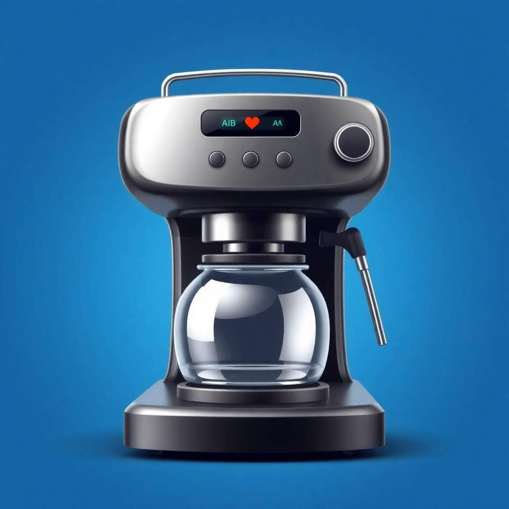 The image is a digital illustration of a coffee machine. The machine is black in color and has a sleek and modern design. It has a handle on the top for easy carrying and a control panel on the front with various buttons and a digital display. On the right side of the machine, there is a glass carafe with a handle for pouring hot water into it. The carafe is placed on a blue background. The coffee machine appears to be new and in good condition.