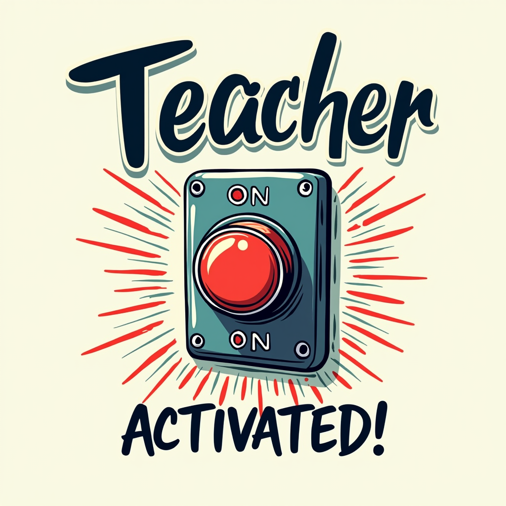 A design featuring the text 'Teacher Mode' above a classic 'ON' toggle switch that is flipped to the 'ON' position, with 'ACTIVATED!' written below or next to the switch in a vibrant color.