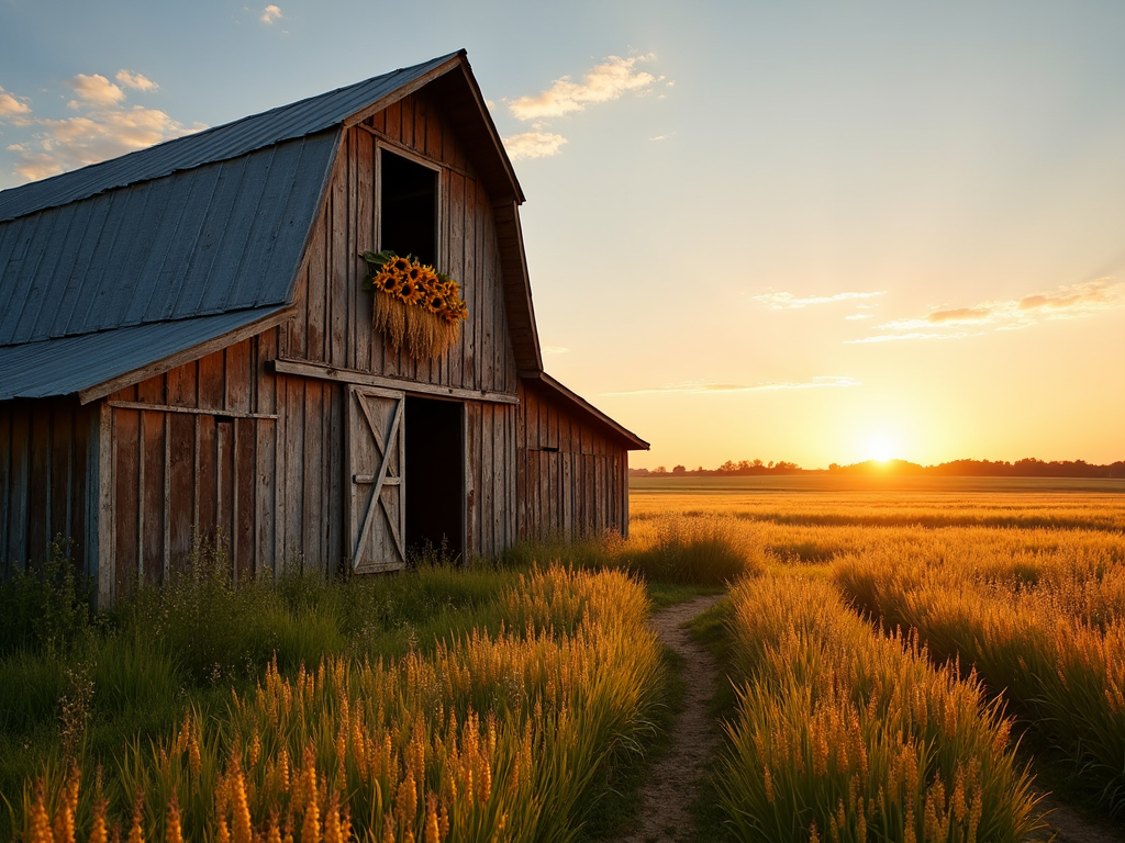 A rustic barn is adorned with strings of dried corn and sunflowers, the sun rising behind it highlighting the golden fields.