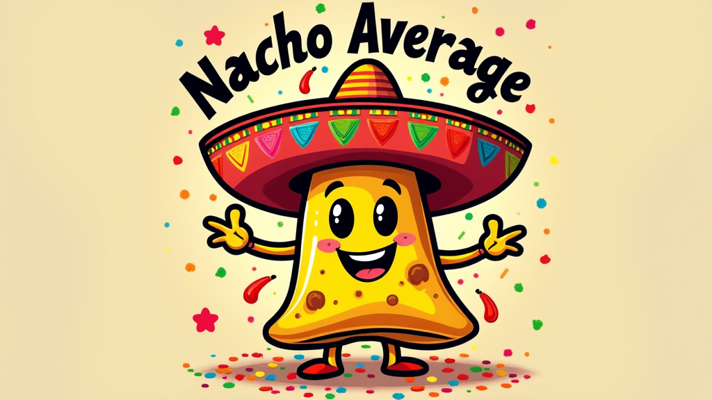 T-shirt with a cartoon nacho chip wearing a sombrero and the text 'Nacho Average Fiesta' in a bold, festive font. Add confetti and chili pepper accents.