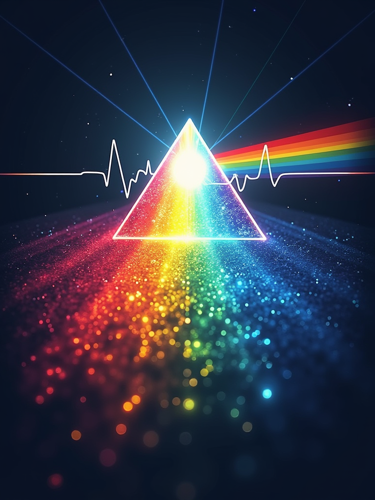 PLUR Prism Pulse: A central prism graphic refracting a beam of light into a full spectrum of colors. These colored light rays then form a flowing heartbeat pattern across the T-shirt. The words 'Peace, Love, Unity, Respect' or 'PLUR' could be etched onto the prism's facets or subtly integrated within the light rays.