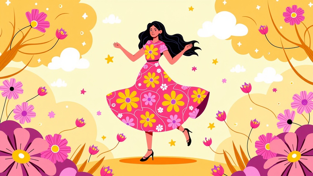 The image is an illustration of a young woman dancing in a field of pink and yellow flowers. She is wearing a long pink dress with yellow and pink flowers all over it. The dress has a high neckline and long sleeves, and she is wearing black high heels. The woman has long dark hair that is flowing in the wind and is dancing with her arms stretched out to the sides. The background is a light yellow color with white clouds and stars scattered throughout. There are also pink and purple flowers and trees on either side of the woman. The overall style of the illustration is whimsical and playful.