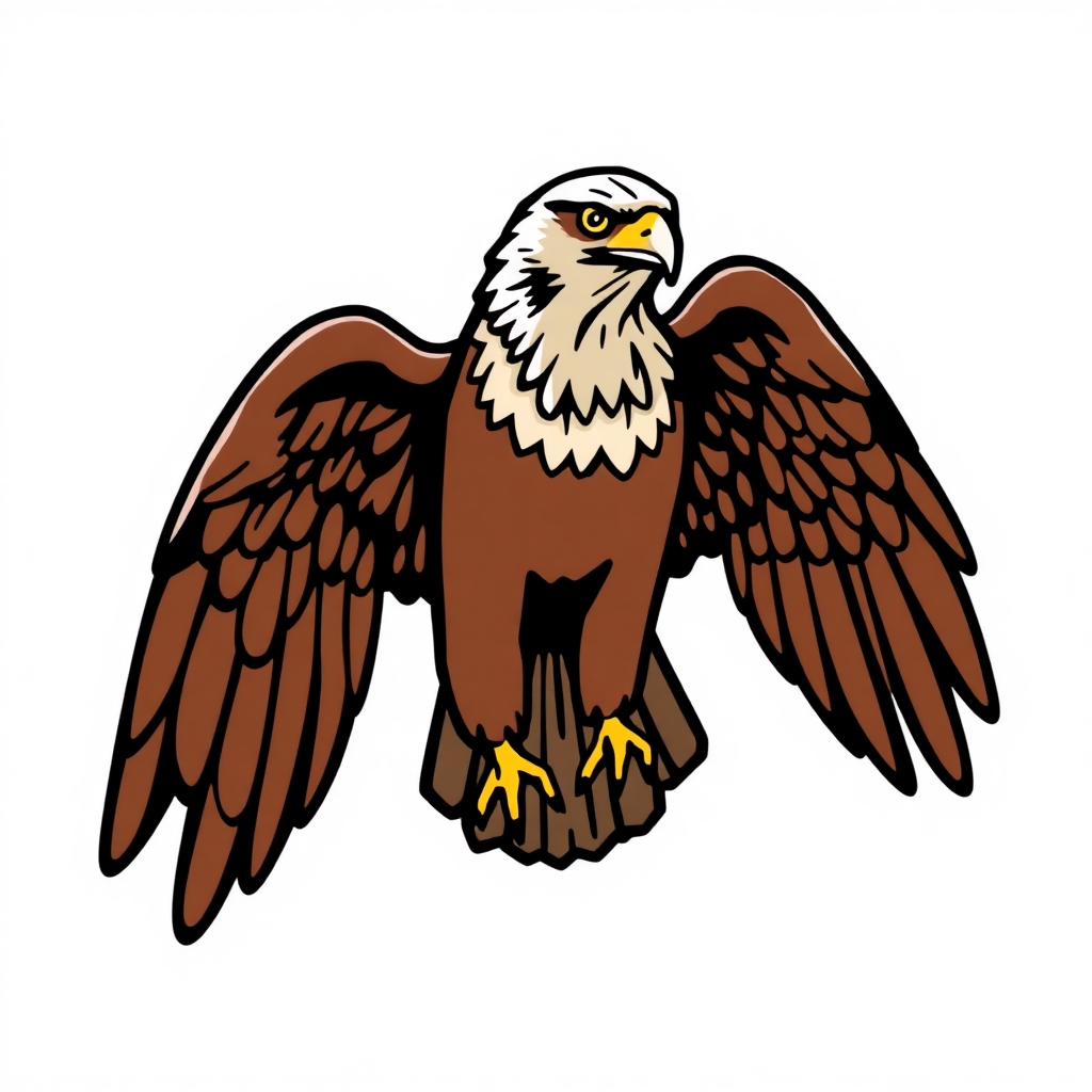 The image is a digital illustration of an eagle in flight. The eagle is shown in a side view, with its wings spread wide and its head turned slightly to the side. Its body is a dark brown color, with a white crest on its head and a yellow beak. Its talons are yellow and its feet are black. The background is white, making the eagle stand out. The image appears to be a logo or emblem for a company or organization.