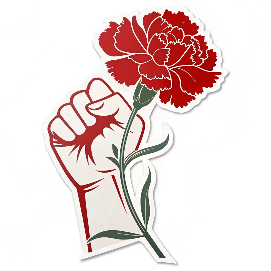 Simple Icon Idea: A single, stylized red carnation, a common May Day flower, with a subtle raised fist silhouette forming its core or part of its stem, conveying protest in a compact, iconic form suitable for a small sticker.