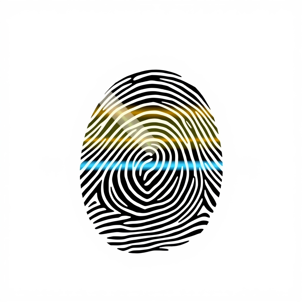 An abstract representation of a fingerprint being scanned, with horizontal light beams or a grid pattern passing over the print lines.