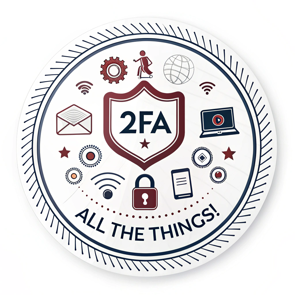 A circular 'Security Seal' or badge design with '2FA' prominently in the center, surrounded by small icons representing different types of accounts (email, banking, social media) all showing a secured status. The text 'All The Things!' arcs around the border.