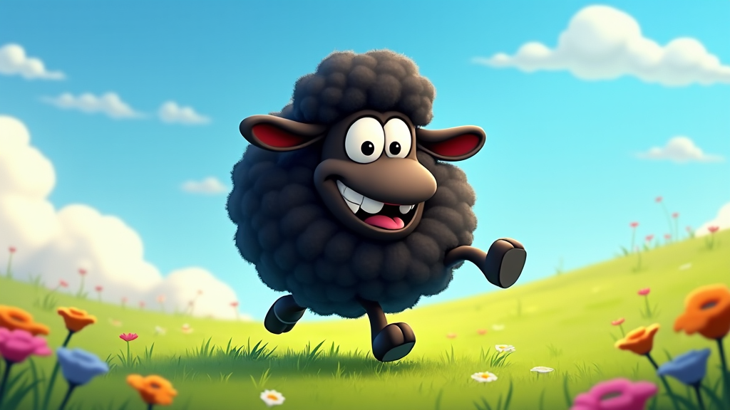 The image shows a cartoon black sheep running through a field of colorful flowers, with a bright blue sky and fluffy white clouds in the background.