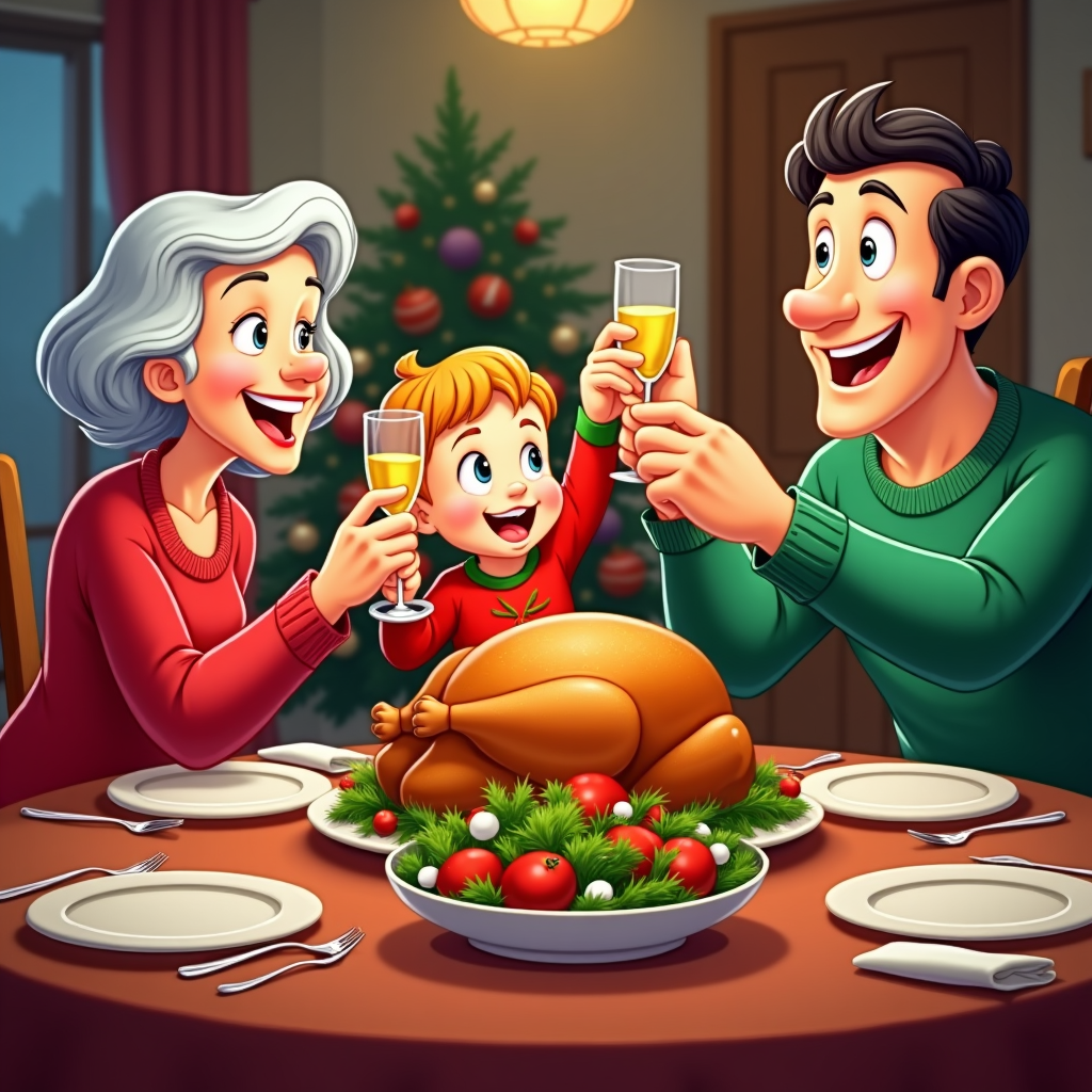 A festive dining table set for a Christmas feast, surrounded by animated family members of different generations raising glasses in a holiday toast. A roast turkey, vibrant salad, and sparkling cider create a mouthwatering centerpiece, with laughter and cheer filling the air.