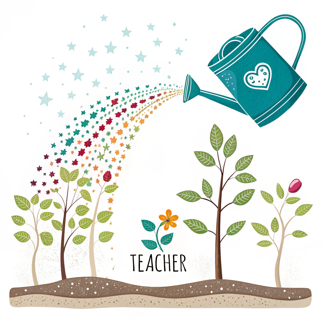 A classic watering can labeled 'Teacher' pouring a stream of shimmering water droplets that transform into tiny leaves or stars, nourishing a row of diverse saplings. The slogan is incorporated around the base of the saplings.