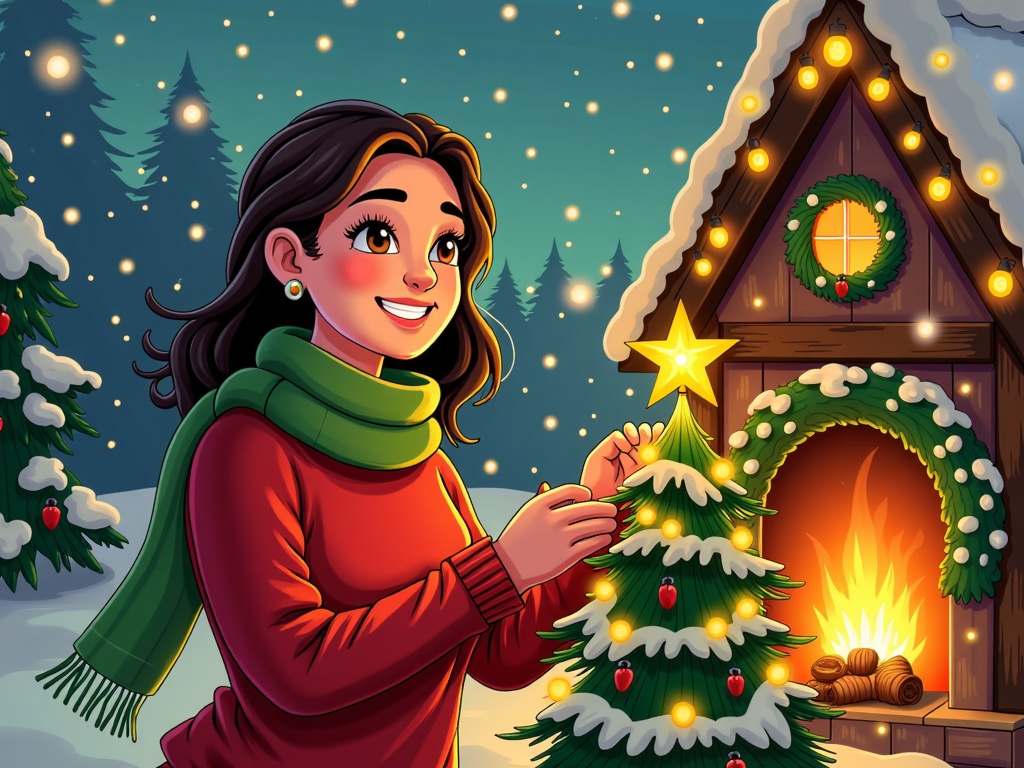  a young woman standing in front of a small wooden cabin with a fireplace. The cabin is decorated with a wreath and a star on the roof. The woman is wearing a red sweater and a green scarf, and she is holding a small Christmas tree in her hands. The tree is covered in snow and has colorful ornaments and lights. The background is a snowy landscape with trees and a blue sky. The overall mood of the image is festive and cozy.