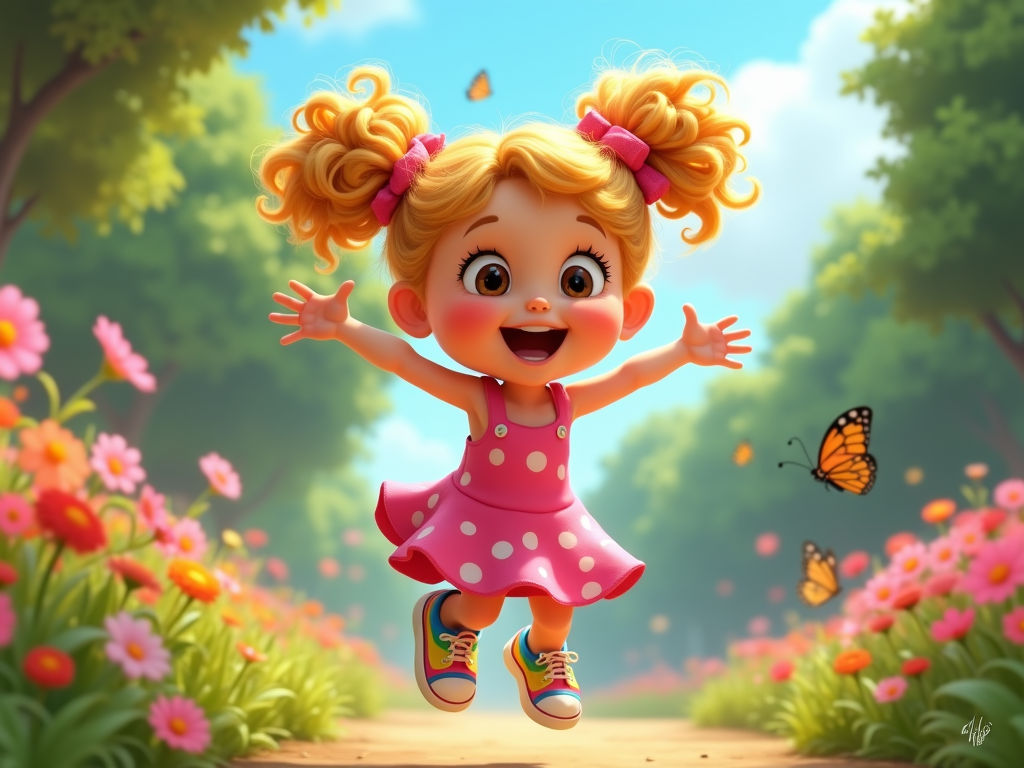 The image is a digital illustration of a cute little girl with blonde curly hair and big eyes. She is wearing a pink dress with white polka dots and colorful sneakers. She has two pink bows on her head and is standing on a dirt path in a garden with pink and orange flowers and trees in the background. The girl is smiling and has her arms stretched out to the sides, as if she is dancing or jumping. There are also several orange and black butterflies fluttering around her. The sky is blue and the overall mood of the image is cheerful and playful.