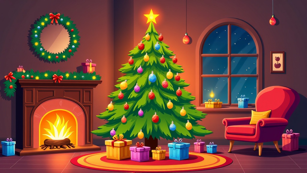 The image shows a living room with a Christmas tree decorated with colorful ornaments, lights, and a star on top. There is a fireplace with gift boxes and a wreath on the mantelpiece, a chair with a pillow, a carpet on the floor, a window with a frame on the wall, and decorative items hanging from the ceiling.