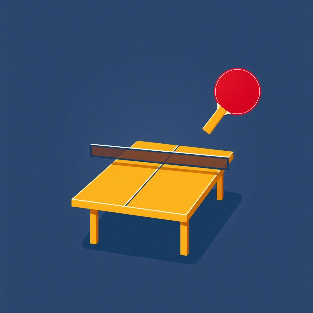 The image is an illustration of a ping pong table. The table is yellow in color and has a rectangular top with four legs. On the right side of the table, there is a red ping-pong paddle with a yellow handle. The paddle is in the air, ready to hit the ball. The background is a solid blue color. The image is in a 3D style, giving it a realistic look and feel.