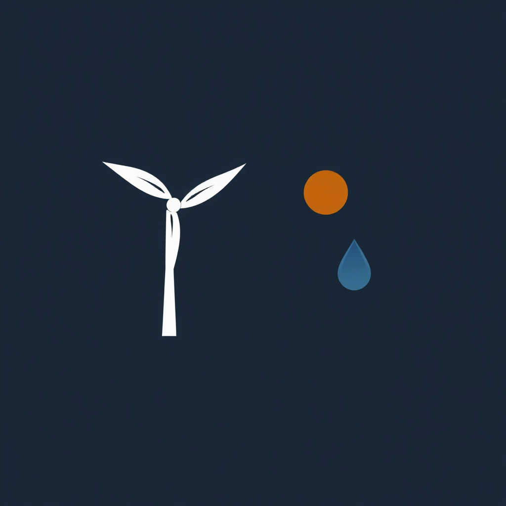 A clean, modern logo featuring a single, elegant silhouette of a wind turbine with its blades subtly curved like leaves, positioned beside a minimalist sun or water droplet icon.