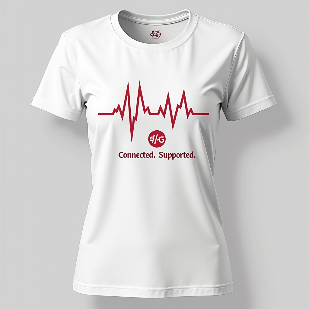 A minimalist design with a stylized heartbeat EKG line that smoothly transitions into a code symbol (e.g., `</>`) and then into a symbol of community (e.g., linked circles). Text simply: 'Tech Sisterhood: Connected. Supported.'