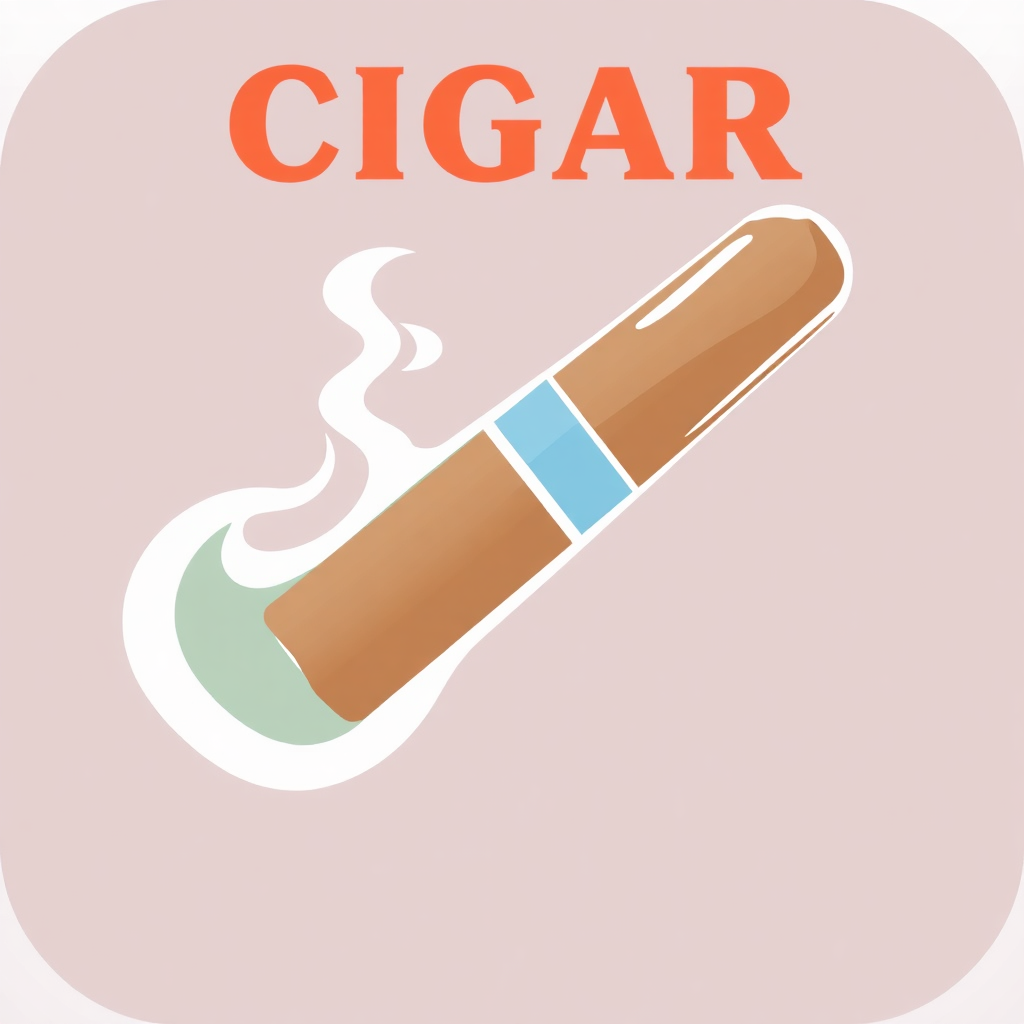 The image is a graphic illustration of a cigar. The cigar is in the center of the image, with a light pink background. It has a long, slender body with a blue stripe running down the middle. The top of the cigar has the word CIGAR written in red capital letters. There is a white smoke coming out of the top, indicating that the cigar is smoking. The overall design is simple and minimalistic.