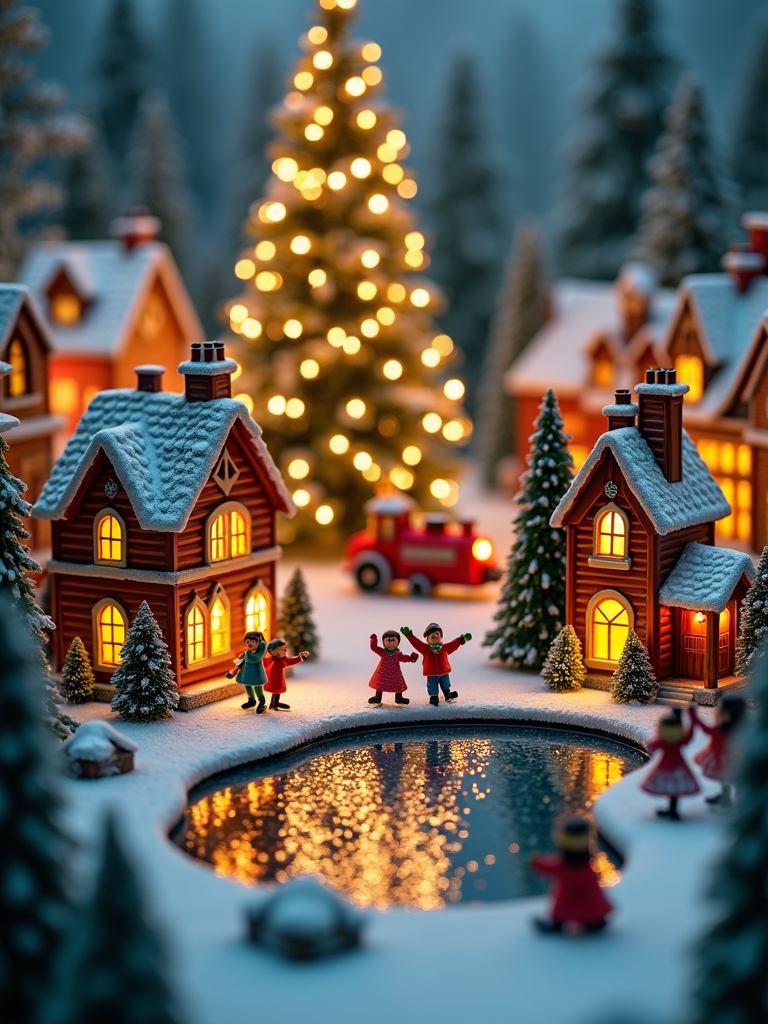 A quaint village setup under the Christmas tree, with miniature houses, tiny figurines skating on a mirror pond, and a small train running through the snow-dusted landscape, depicting a nostalgic holiday scene.