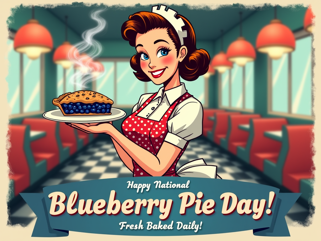 A cheerful 1950s diner waitress character holding a steaming blueberry pie on a tray. Text below reads 'Happy National Blueberry Pie Day!' in a classic retro script font, with 'Fresh Baked Daily!' in smaller print underneath.