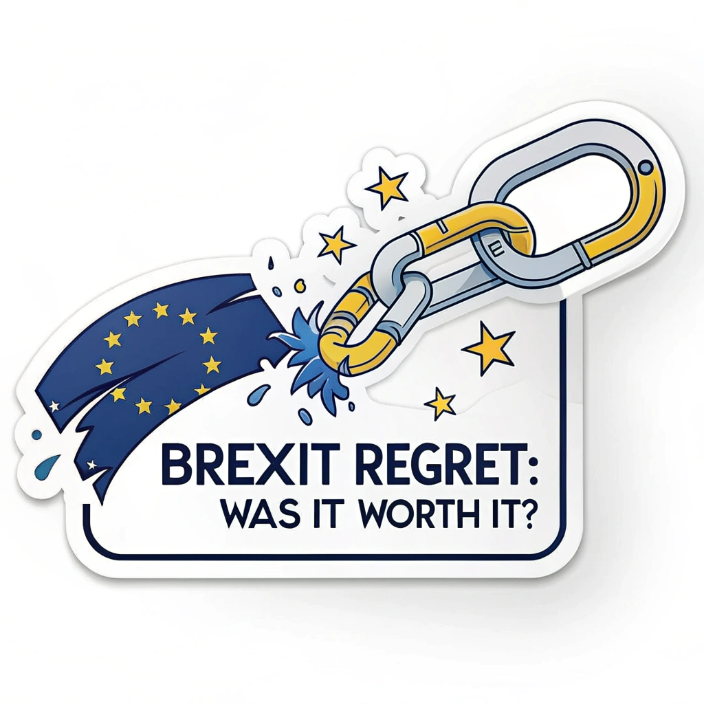 Develop a sticker featuring a broken chain with the EU flag colors. The broken link symbolizes Brexit, and the overall message conveys the idea of being 'unchained' but with an underlying tone of regret. Incorporate the text 'Brexit Regret: Was it worth it?' to provoke reflection.