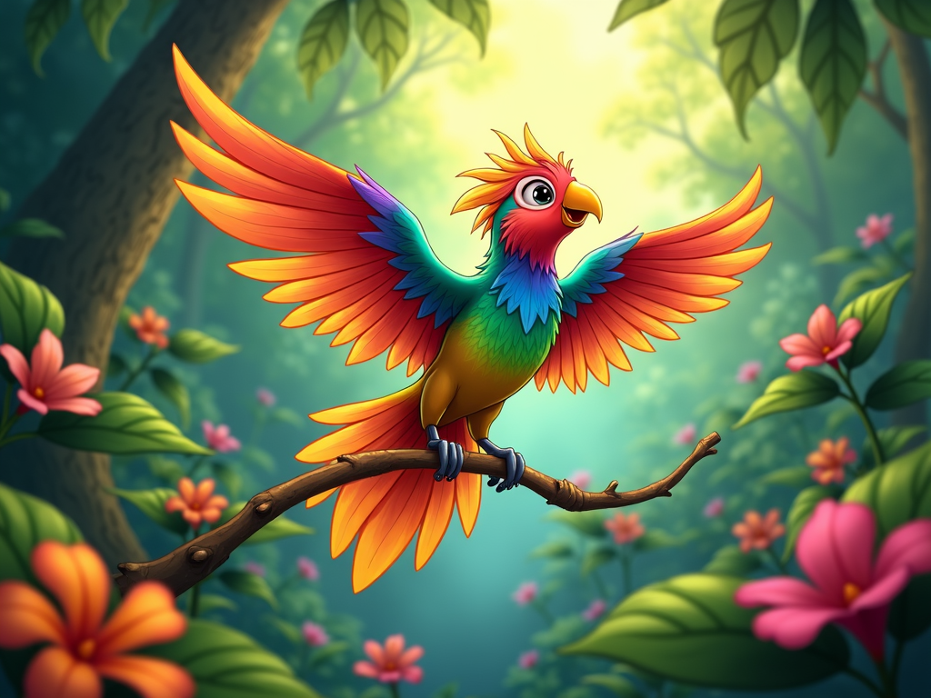 A vibrant, multi-colored bird with iridescent feathers that shimmer and shift with movement. Its design emphasizes the full spectrum of the rainbow in its plumage.