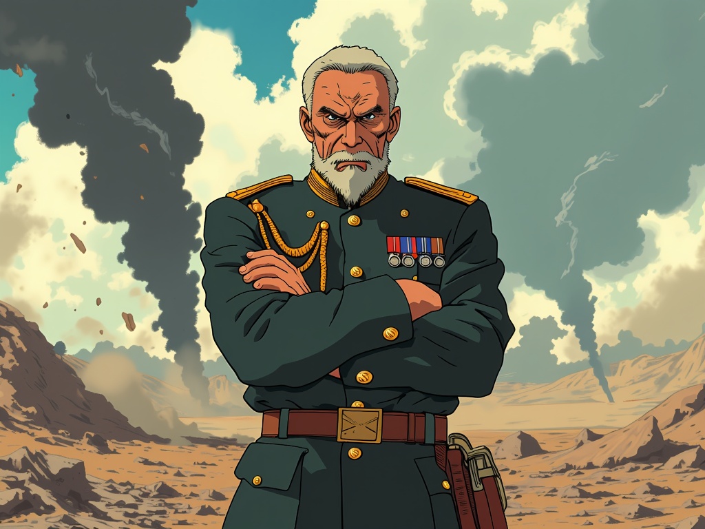 The image is an illustration of a man in a military uniform standing in a desert-like landscape. The man is an older man with a white beard and mustache, wearing a dark green military uniform with gold epaulettes and medals on his chest. He has his arms crossed in front of him and is looking directly at the camera with a serious expression on his face. The background shows a vast expanse of barren land with mountains and smoke rising from the ground. The sky is blue with a few clouds. The overall mood of the image is ominous and ominous.