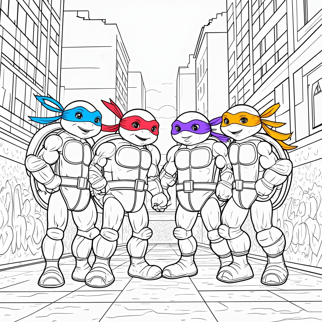 The image shows four teenage mutant ninja turtles standing in front of a cityscape with buildings and plants in the background. They are all wearing their signature masks and are ready to be colored in. The image is a free printable coloring page, perfect for kids to enjoy.