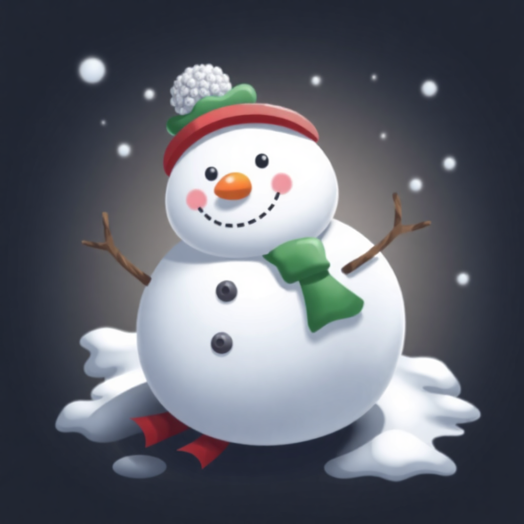 The image shows a snowman with a green hat and scarf standing in the snow against a dark background with white dots scattered throughout.