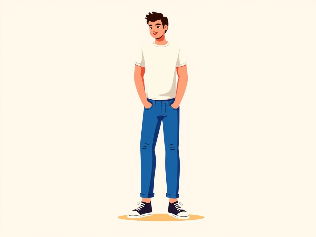 The image is an illustration of a young man standing with his hands in his pockets. He is wearing a white t-shirt, blue jeans, and black sneakers. He has short dark hair and is smiling at the camera. The background is plain white. The man appears to be standing in a relaxed pose with his feet shoulder-width apart and his hands resting on his hips.