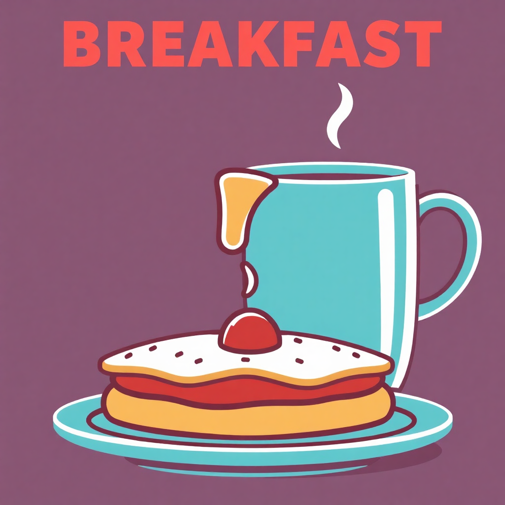 The image is an illustration of a breakfast scene. It features a blue mug with a handle on the right side and a stack of pancakes on the left side. The pancakes are golden brown and appear to be freshly made. On top of the pancakes, there is a cherry on top. The background is a light purple color with the word BREAKFAST written in red at the top. There is also a white steam rising from the mug, indicating that it is hot or steamy. The overall style of the illustration is flat and cartoon-like.