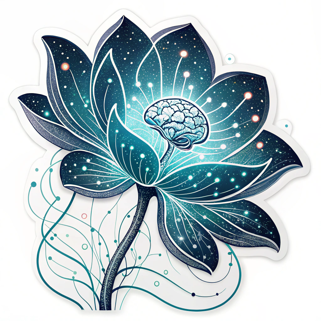 Organic Data Flower: A flower where the petals are composed of flowing, luminous data streams or light trails, with the center (stamen/pistil) being a glowing core or a simplified brain icon. The neural network is suggested by the interconnected, vein-like patterns on the petals.