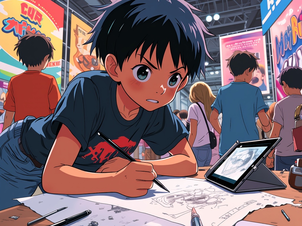 A visual narrative showing an artist's journey with their muse: the initial spark of an idea for an anime character, the dedicated hours of creation, and the final piece proudly displayed, connecting with attendees at MomoCon.