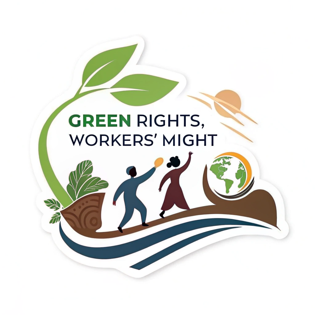 Sub-design idea 4 (Eco-Worker Solidarity): Merge clean, modern design aesthetics with themes of environmental justice and workers' rights. Slogan example: 'GREEN RIGHTS, WORKERS' MIGHT'. Incorporate stylized natural elements (e.g., a leaf, a sprout) with clear sans-serif fonts. Colors: Greens, blues, and earthy browns.