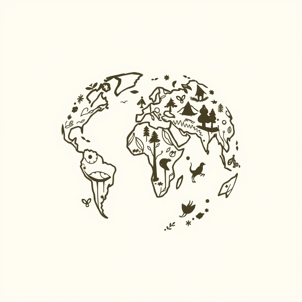 Globe continents formed by interconnected, hand-sketched silhouettes of leaves, trees, and animals, rendered with flowing organic lines.