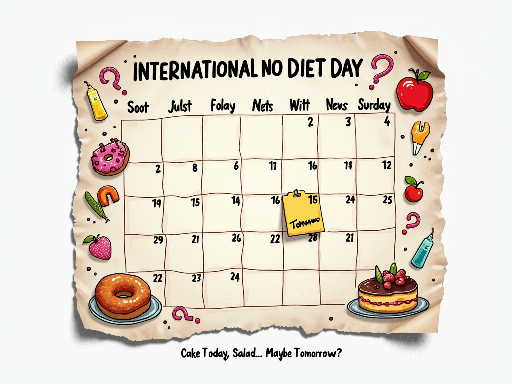 A design resembling a tear-off calendar page specifically for 'International No Diet Day.' The date box is large and highlighted, filled with joyful illustrations of cakes, donuts, and other treats. A tiny, faded doodle of a salad with a question mark is shown for 'Tomorrow'. The slogan 'Cake Today, Salad... Maybe Tomorrow?' is integrated within or around the calendar element.