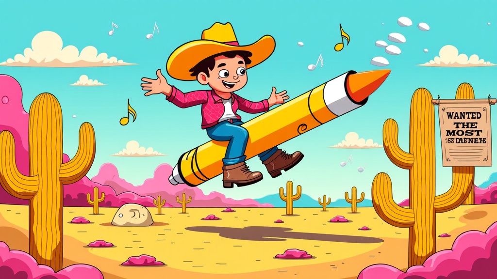 A Wild West adventure featuring Cartoon Posty as a cool cowboy, riding a giant, animated cigarette or beer bottle, navigating a desert landscape with cacti shaped like musical notes and a 'Wanted' poster for the 'Most Stoney'.