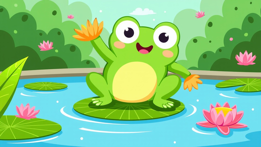 The image is a cartoon illustration of a green frog sitting on a lily pad in a pond. The frog has big, round eyes and a big smile on its face. It is holding two orange flowers in its hands and appears to be waving them. The pond is surrounded by pink water lilies and green leaves. In the background, there are trees and bushes. The sky is blue with white clouds. The overall mood of the image is cheerful and playful.