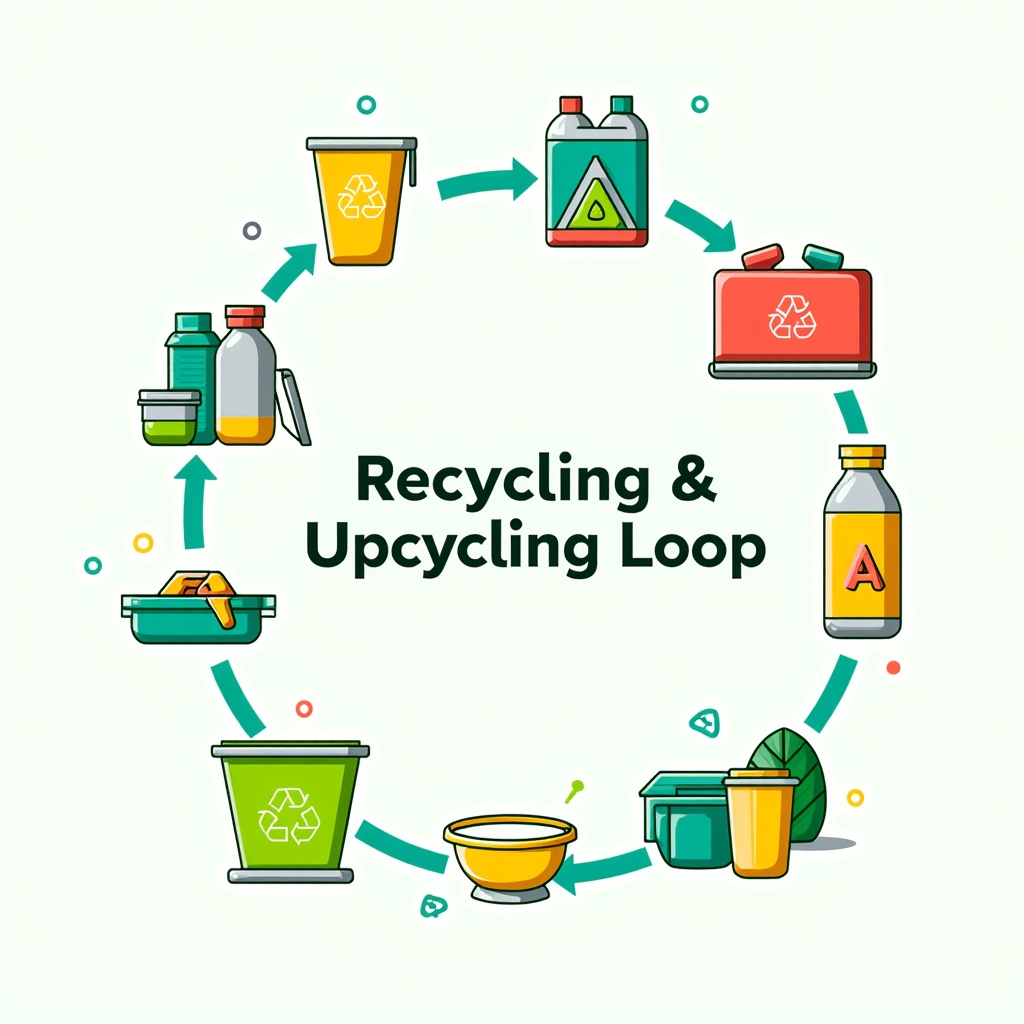 An infographic style illustration depicting the 'Recycling & Upcycling Loop' for plastics, showing collection, sorting, processing, and transformation into new valuable products, alongside a parallel loop for organic alternatives being composted and enriching soil for new growth.
