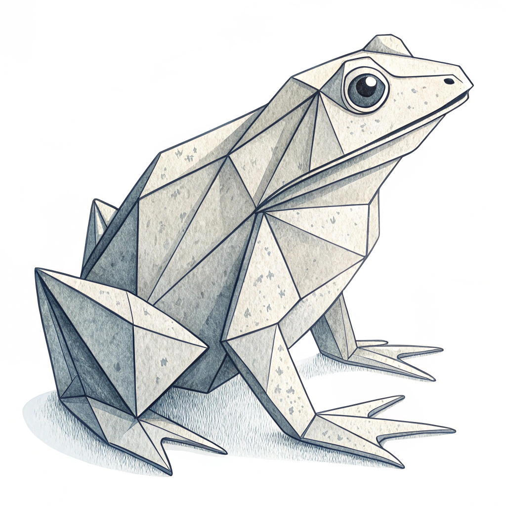 A single, stylized origami frog sticker design, emphasizing the geometric folds and paper-like texture.