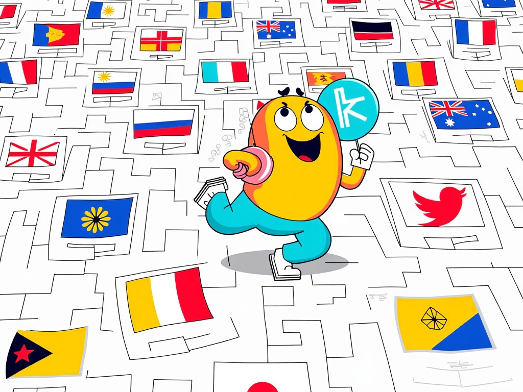 Regulation 'Maze': Illustrate a social media platform icon trying to navigate a complex maze, where the maze walls represent regulations. Different paths or sections of the maze are labeled with country flags or regional names, showing varying difficulty or obstacles.