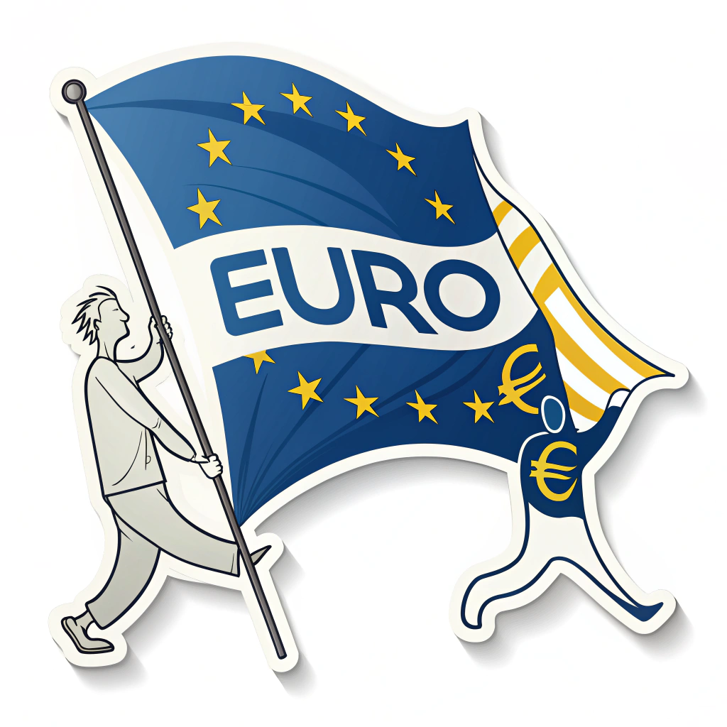 A sticker with a strong, bold Euro symbol overlaid on a waving European flag.