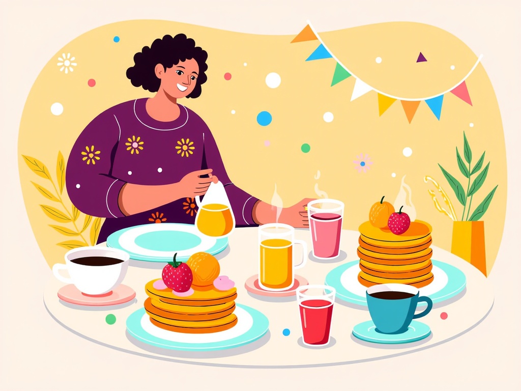  a young woman sitting at a table with a plate of pancakes and a cup of coffee. She is wearing a purple dress with yellow flowers and has curly hair. The table is decorated with colorful bunting flags and a vase of flowers. On the table, there are two cups of coffee, two glasses of orange juice, and a stack of pancakes with strawberries on top. The background is a light yellow color with small white polka dots. The overall mood of the image is cheerful and relaxed.