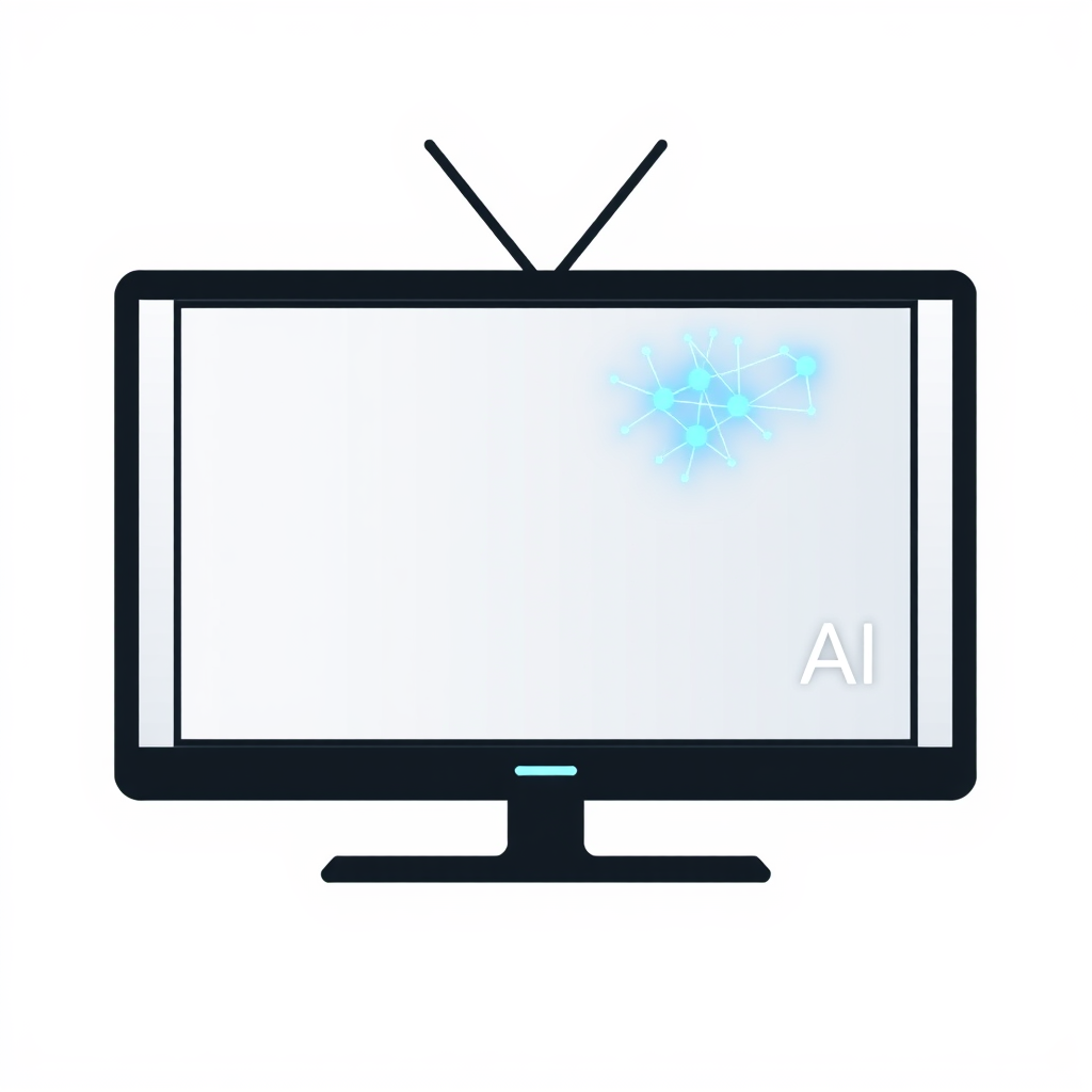 Simple AI TV Identifier Icon: A clean, modern television screen silhouette incorporating a subtle, glowing neural network pattern within its display area or a minimalist 'AI' insignia tastefully placed in a corner, serving as a general indicator of AI-enhanced functionality.