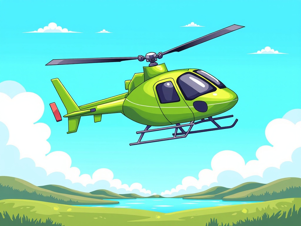 The image is a digital illustration of a green helicopter flying over a landscape. The helicopter is in the center of the image, with its body facing towards the right side of the frame. It has a pointed nose and two propellers on either side. The body of the helicopter is painted in a bright green color, and it appears to be in mid-flight. The background is a clear blue sky with white clouds. The landscape below is a green field with trees and hills, and there is a body of water in the distance. The overall color scheme of the illustration is bright and vibrant, with shades of green, blue, and yellow.