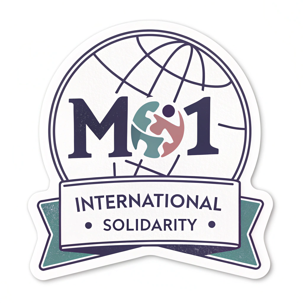 Simple Logo Idea: A typographic mark where the characters 'M' and '1' (for May 1st) are creatively merged or interlocked to form an abstract representation of a globe or a symbol of unity. The phrase 'International Solidarity' in a clean, strong sans-serif font either below or encircling the mark.