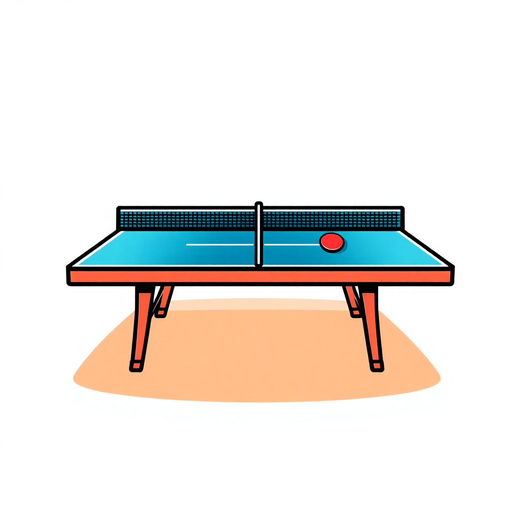 The image is an illustration of a ping pong table. The table is rectangular in shape with a blue top and four wooden legs. On the top of the table, there is a net with a red ball in the center. The net is attached to the table with two poles. The background is a light orange color. The image is simple and cartoon-like.