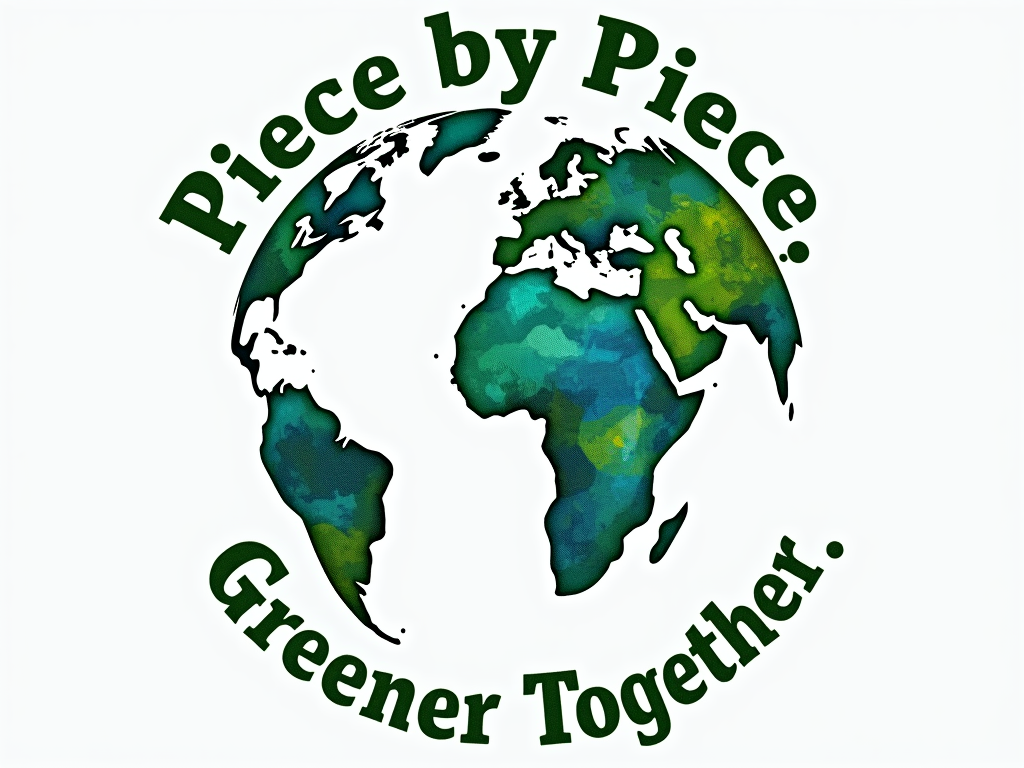 The globe depicted as a mosaic of green and blue recycled materials, with subtle map outlines. A tagline like 'Piece by Piece, Greener Together' could encircle it.